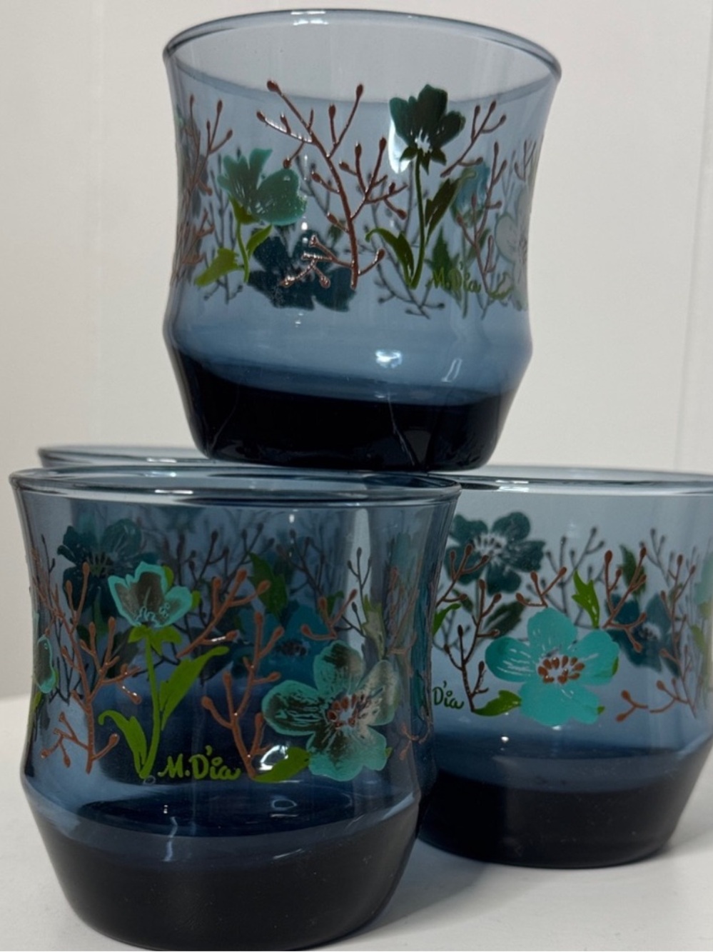 Vintage Libbey drinking glasses aqua floral blue set of 4